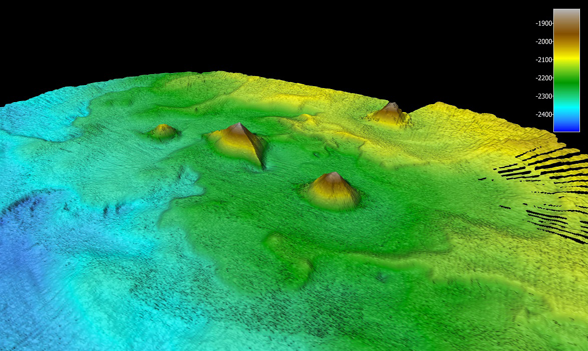 Seafloor map of Louisiade Plateau showing volcanic cones. Credit CSIRO 
